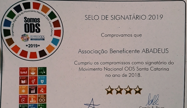 ABADEUS recebe Selo de Signatária 2019  do Movimento Nacional ODS Santa Catarina 