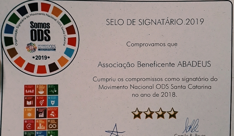 ABADEUS recebe Selo de Signatária 2019 do Movimento Nacional ODS Santa Catarina