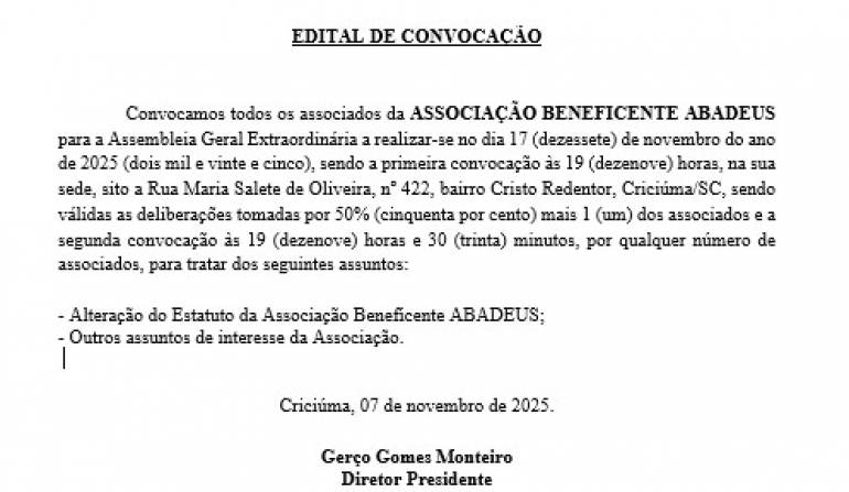 Edital de Convocação para Assembleia Geral Extraordinária da ABADEUS 